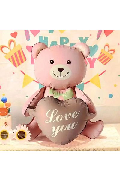 DÜVENCİ TİCARET Matte Pink Teddy Bear Holding Brown Heart Foil Balloon