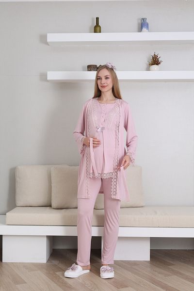 Lohussa Women's Powder Lace Special Design Cotton Maternity Maternity Dressing Gown Pajama Set Set of 3