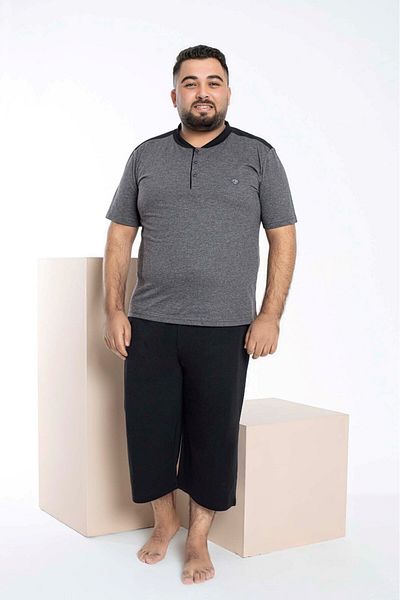 GUAVA+ Men's Plus Size 3 Button 100% Cotton Short Sleeve Pocket Capri/Bermuda Pajama Set