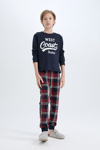DeFacto Boys' Pajamas Set - Crew Neck, Printed, Long Sleeve, Top Check, Long Bottom D5212A824Wn