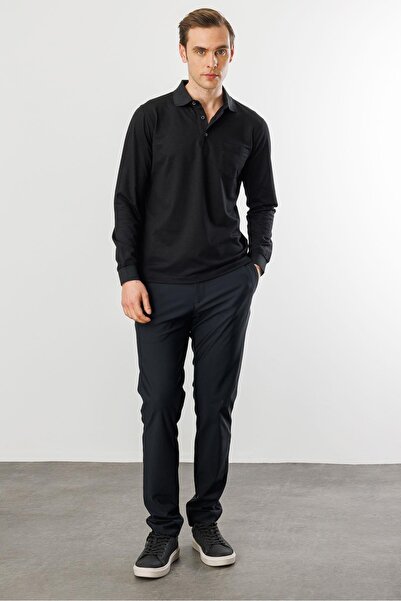 Desen Triko Erkek Polo Yaka Cepli Uzun Kollu Sweatshirt Siyah