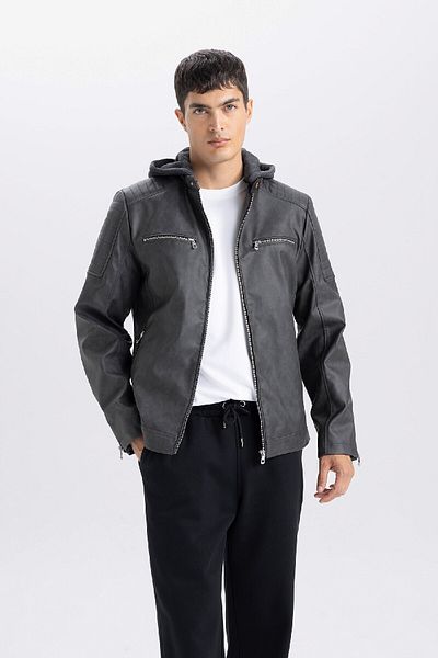 DeFacto Slim Fit Kunstledermantel Slim Fit Kapuzenreißverschluss R2523AZ25SP