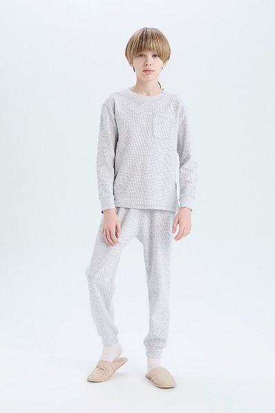 DeFacto Jungen-Pyjama-Set – Waffel-Rundhalsausschnitt, langärmliges Oberteil mit elastischem Bund und langer Hose D9977a825sp