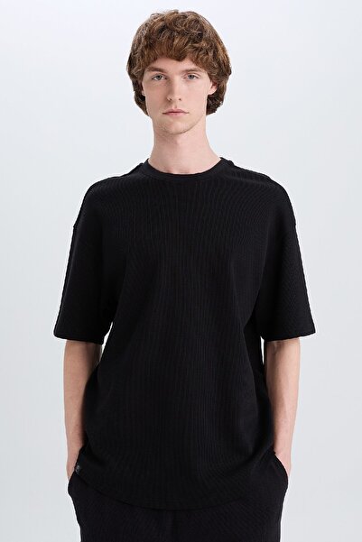 DeFacto Boxy Fit Rundhalsausschnitt Kurzarm Basic Plain Waffel Schwarz T-Shir...