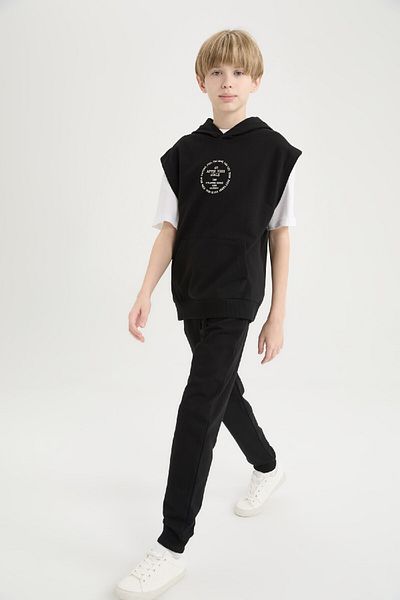 DeFacto Boys' 3-Piece Set - Hooded, Sleeveless and Printed Sweatshirt, Short Sleeve T-Shirt, Elastic Waist Leg Sweat