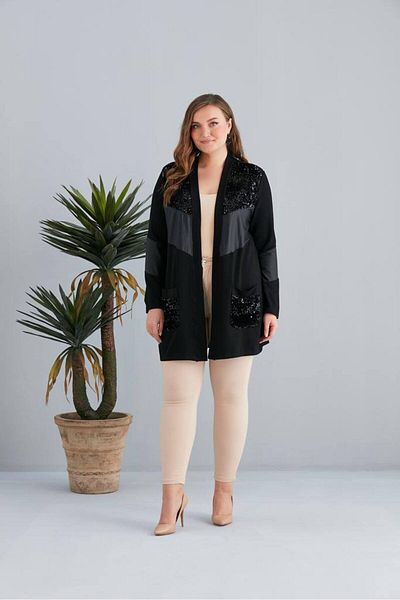 TUSSE Classic Sequin and Leather Stitched Large Size Viscosa Cardigan