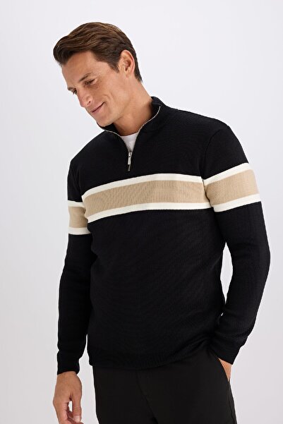 DeFacto Standard Fit Regular Cut Turtleneck Semi Zip Striped Knitwear Sweater Y4193Azns