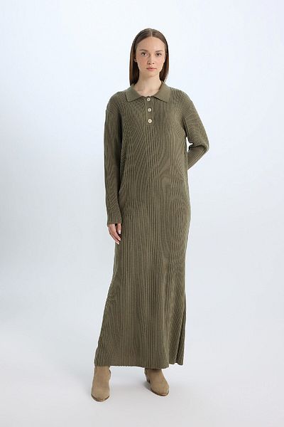 DeFacto Regular Fit Polo Collar Basic Plain Maxi Knitwear Dress D5434Ax24Wn