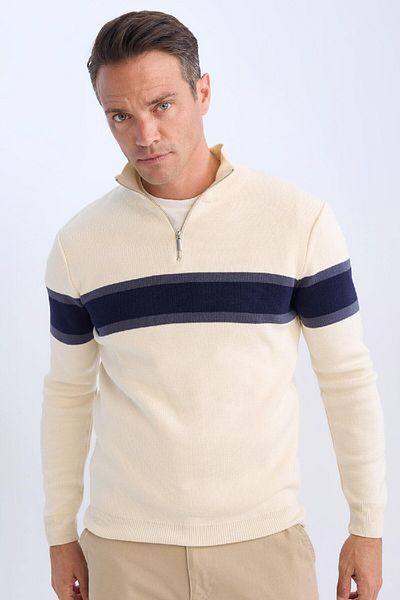 DeFacto Men's Beige Standard Fit Regular Fit Turtleneck Semi Zip Striped Knitwear Sweater Y4193Azns