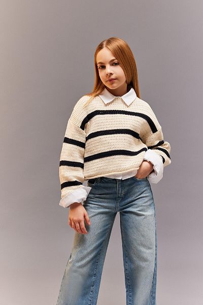 DeFacto Girl's Crew Neck Striped Openwork Sweater D9215A825Sp