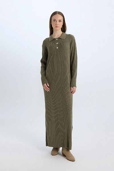 DeFacto Regular Fit Polo Collar Basic Plain Maxi Knitwear Dress D5434Ax24Wn