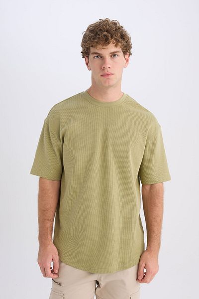 DeFacto Μπλουζάκι με κοντό μανίκι με λαιμόκοψη Boxy Fit Basic απλό μπλουζάκι βάφλα B4443AX25SP