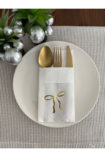 kidspartim Gold Gilded White Pocket Bow Napkin 12 Pieces