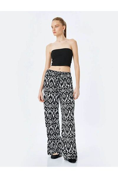 Koton Ethnic Patterned Waist Lace Viscose Black - White Women's Trousers 5Sal40022Iw