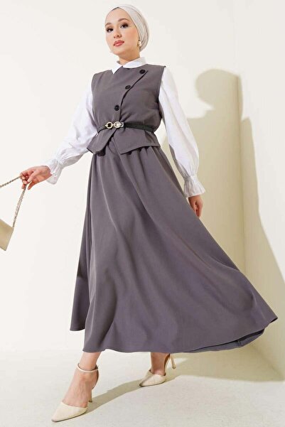 Moda Asrın Asrın Gri Kemerli Yelek Etek Takım Siyah