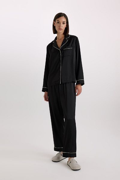 DeFacto Pajama Set Satin Long Sleeve Pajama Top Long Stretchy Waist Pajama Bottom-Fall in Love C9444Ax25Sp