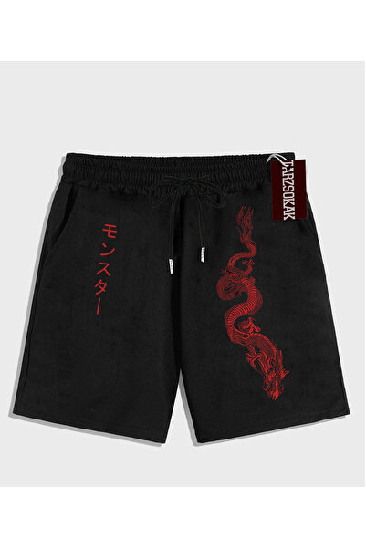 Tarzsokak Siyah Şort KOD Trend EMRG Erkek Ejderha Baskılı