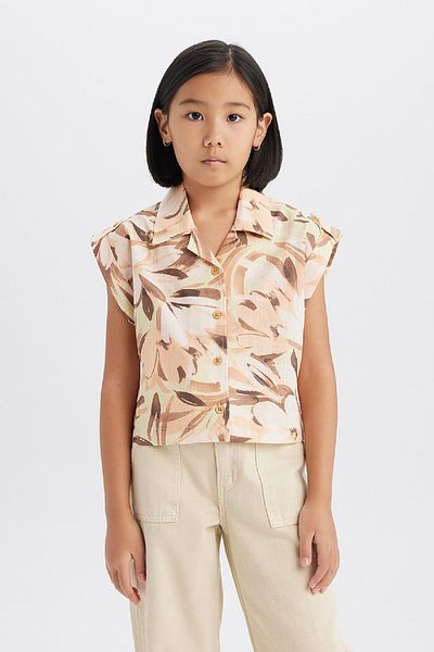 DeFacto Girls' Crop Print Cotton Short Sleeve Shirt D9144A825Sm