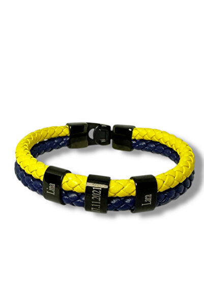 HEEDOF Kişiye Özel Sarı-Lacivert Deri Bileklik, İsim Yazılı Bileklik , Çift B...