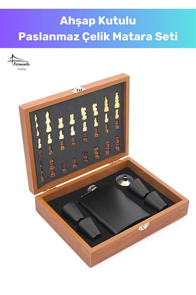 Fernanda Premium Stainless Steel 8 oz 4 Shot Glasses Set with 24*18cm Wood with Chess