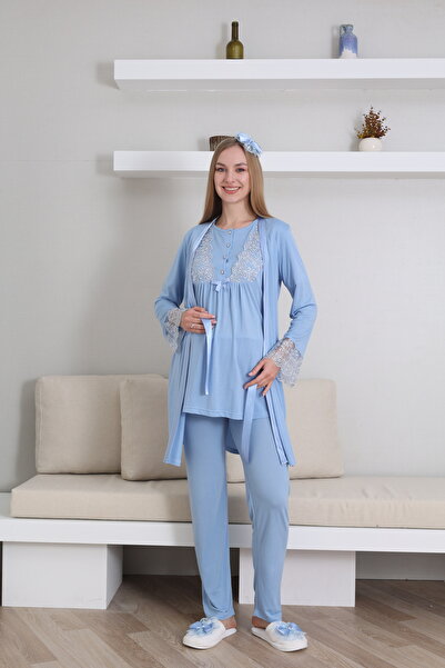 Lohussa Set de pijamale pentru maternitate, din bumbac, cu design special, din dantela albastra, set de 3