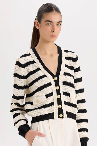 DeFacto Strickjacke mit normaler Passform, V-Ausschnitt, gestreift, geknöpft, D8470ax24wn