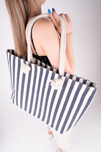 Rosso Collina rc Striped Canvas Women's Beach Bag Shoulder Bag (Zippered)