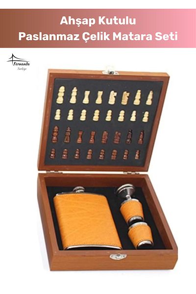 Fernanda Premium 8.oz Steel Cup Set - Leather Flask with Chess 20*18 cm