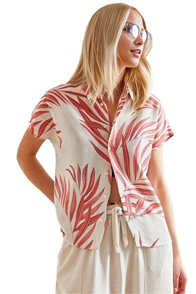 Cassime Women's Red Leaf Patterned Linen Bat Short Sleeve Shirt