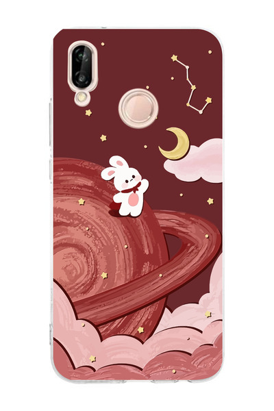 moonset Huawei P20 Lite Uyumlu Sevimli Tavşan Tasarımlı Baskılı Şeffaf Telefo...