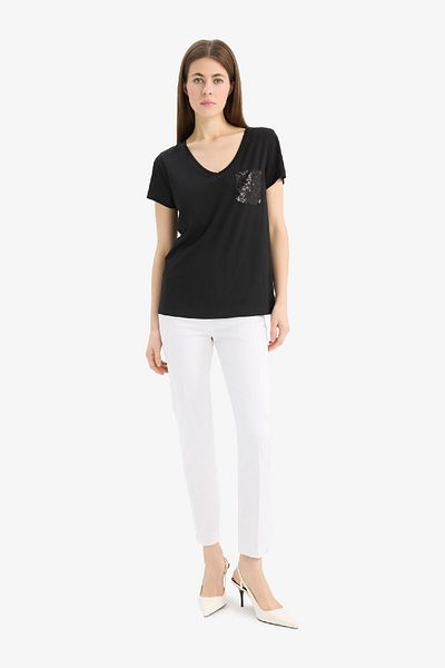 DeFacto Regular Fit V-Neck Sequined Short Sleeve T-Shirt U3769Az25Sp