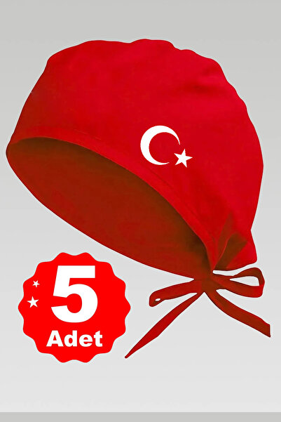 enmalife 5li Beyaz Ay Yıldız Basklılı Kırmızı Özel Tasarım Aşçı Ve Şef Bonesi