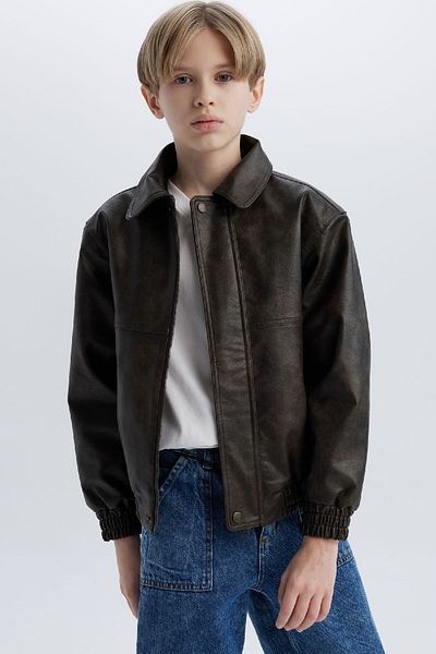 DeFacto Boy's Polo Neck Zip-Up Faux Leather Jacket - D5912A825Sp