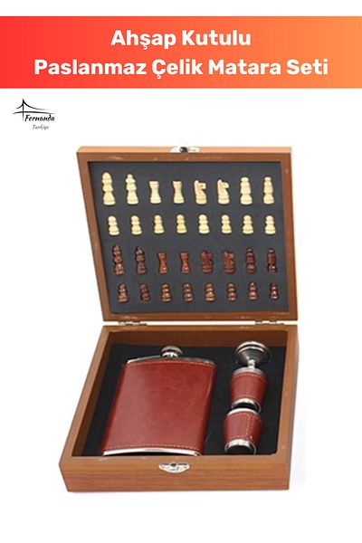 Fernanda Premium 8.oz Steel Cup Set - Leather Flask with Chess 20*18 cm