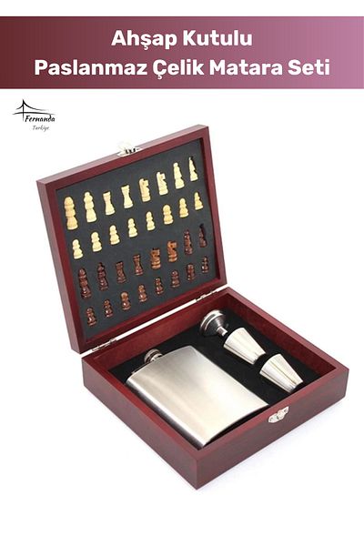 Fernanda Special Series Stainless Steel Alcohol Flask Set - 20*18 cm Wooden Kutta 8.oz 2 Shot Glass
