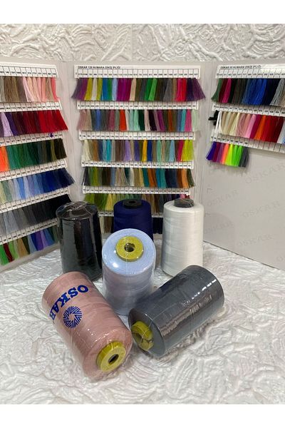 Oskar 120No Polyester Sewing Thread 5000 Mt (6 Pcs) (Pudra Pink-Black-Bebemavi-White-Smoked-Dark Blue)