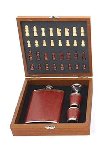 Fernanda Premium 8.oz Steel Cup Set - Leather Flask with Chess 20*18 cm