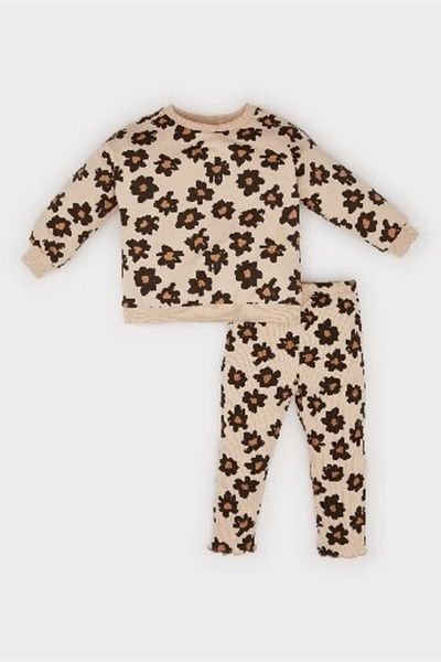 DeFacto 2-Piece Set for Baby Girls - Floral Print Crew Neck Sweatshirt with Elastic Waist E0203A525Sp