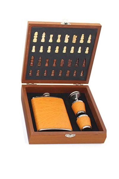 Fernanda Premium 8.oz Steel Cup Set - Leather Flask with Chess 20*18 cm
