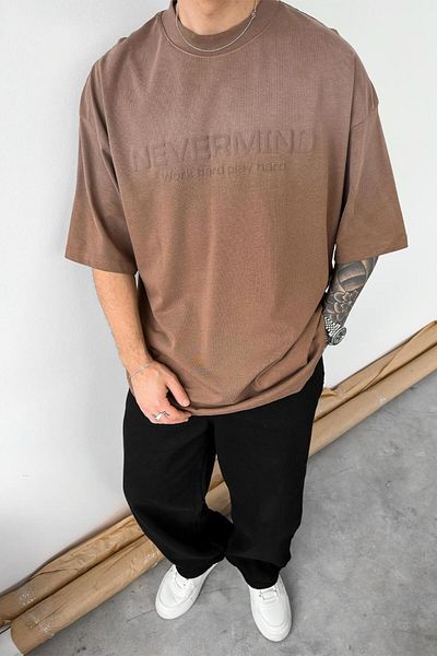 HAFKAGİYİM Καφέ μπλουζάκι με ανάγλυφο εμπριμέ oversize