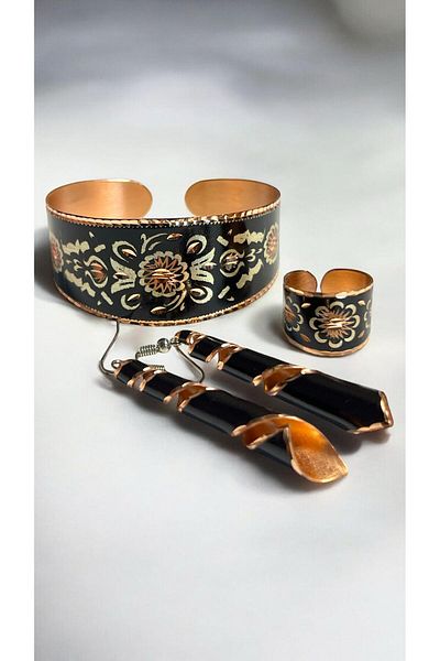 PrestigeSO Copper Bracelet Copper Earrings Copper Ring Set - Health and Elegance