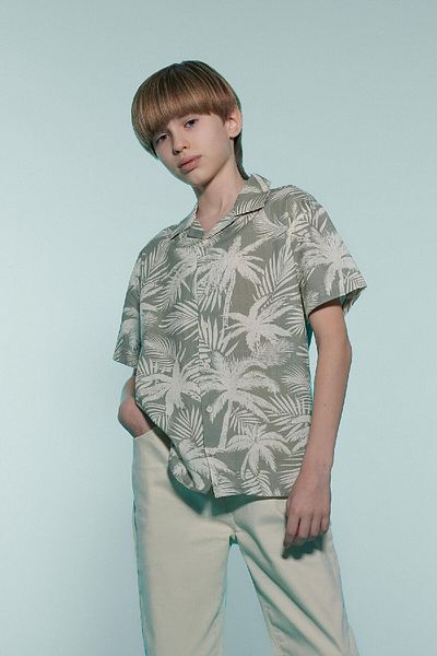 DeFacto Boy's Polo Neck Palm Print Oversize Shirt - Short Sleeve D7780A825Sm