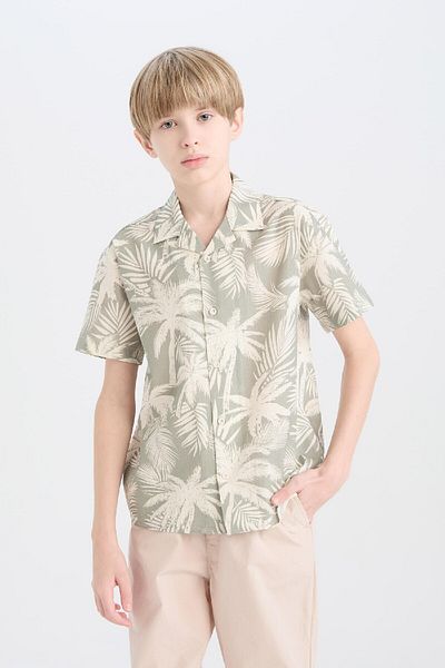 DeFacto Boy's Polo Neck Palm Print Oversize Shirt - Short Sleeve D7780A825Sm