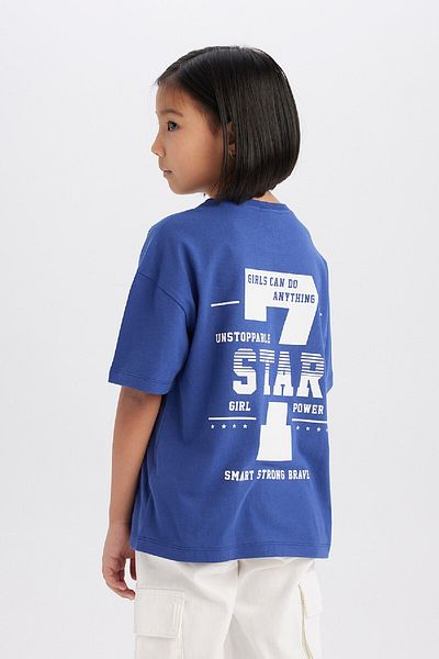 DeFacto Übergroßes, weites, bedrucktes Kurzarm-T-Shirt für Mädchen mit Rundhalsausschnitt und Rückenausschnitt D8540a825sm