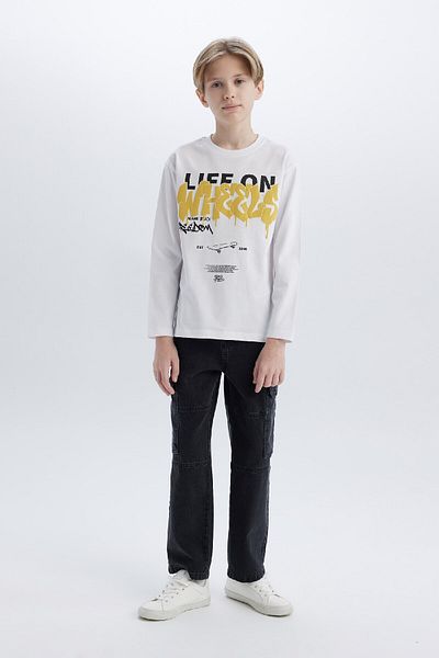 DeFacto Tricou cu mânecă lungă imprimat cu gât crew pentru băieți D7699A825SP