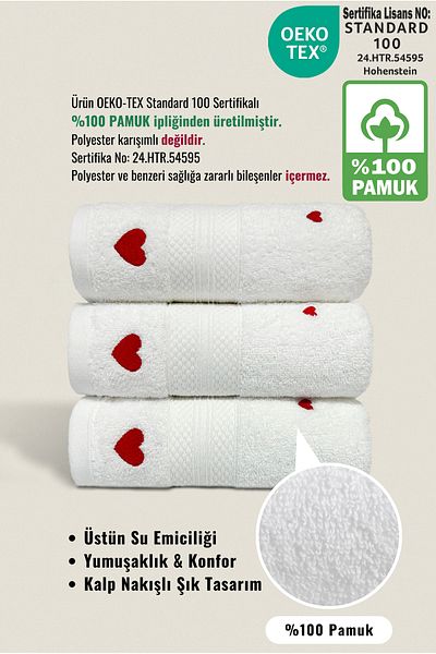 Ellaline Σετ πετσετών Luv 3 τεμαχίων 100% βαμβάκι με πιστοποίηση, κέντημα καρδιάς πετσέτα κουζίνας προσώπου 50x80cm Model2