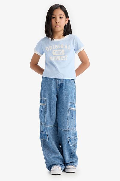 DeFacto Tricou cu mânecă scurtă cu nervuri pentru fete - decolteu, slim fit, camisol imprimat D8542A825SM