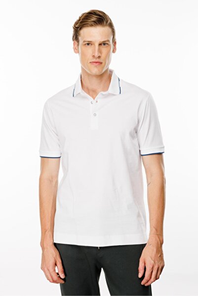 Desen Triko Λευκό ανδρικό μπλουζάκι με ριγέ γιακά πόλο