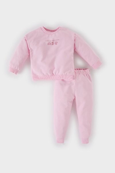 DeFacto Floral Print Sweatshirt and Elastic Waist Sweatpants for Baby Girl - Crew Neck C2504A525Sp