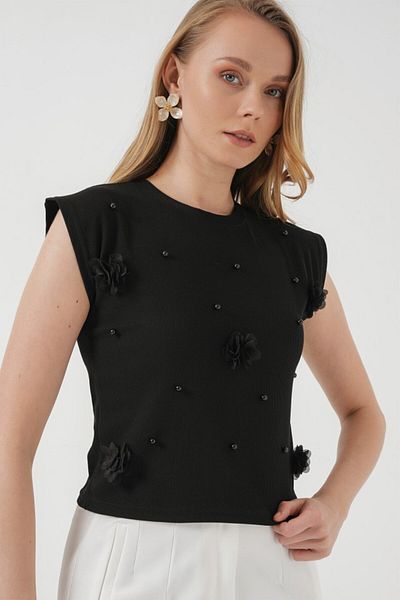 MRA Fashion 929 Short Sleeve Knitted Blouse - Black